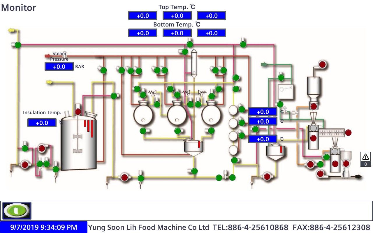 Pagina di monitoraggio della produzione HMI del sistema di macinazione e cottura.