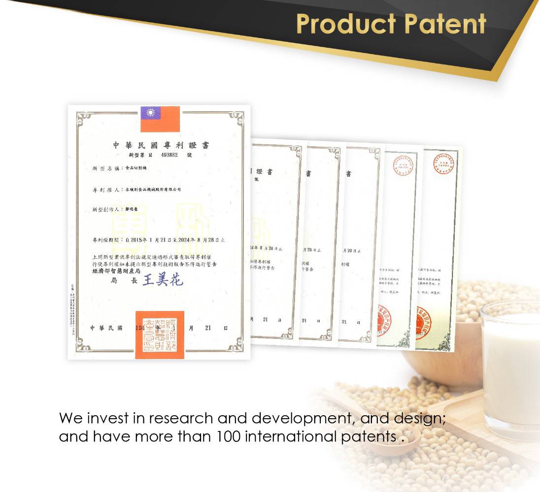 Vi har flera patent för tofu-tillverkningsutrustning och sojamjölksmaskiner.